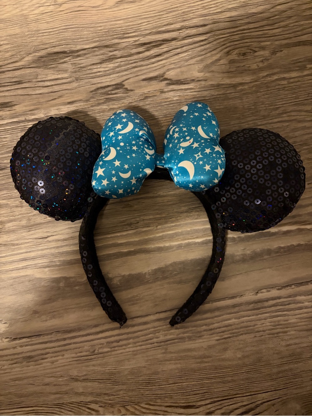 Black Sequin Disney Ear Headband with Blue Star & Moon Bow- Vintage
